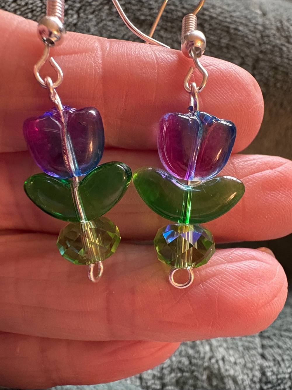 Hand Crafted Iridescent Purple and Green Glass and Crystal Flower Drop Earrings - Picture 2 of 2